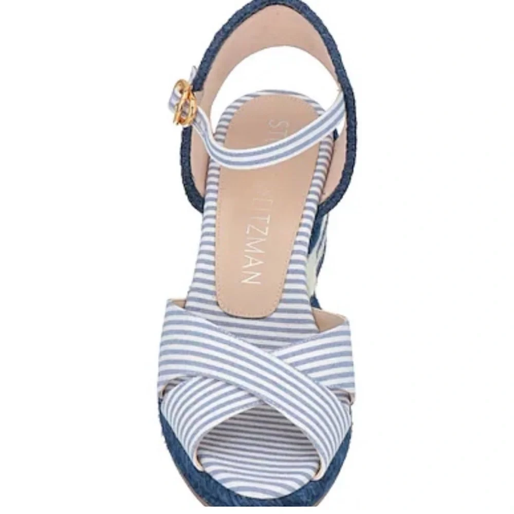 Stuart Weitzman Navy and White Striped Espadrille Wedges